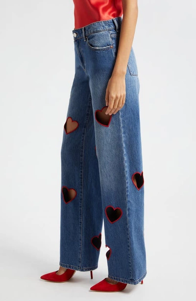 Shop Alice And Olivia Karrie Embroidered Heart Cutout Nonstretch Jeans In True Blues Dark