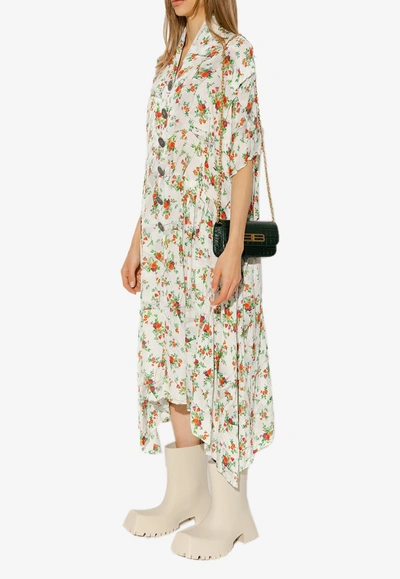 Shop Balenciaga Asymmetric Floral Midi Dress In Silk In Multicolor