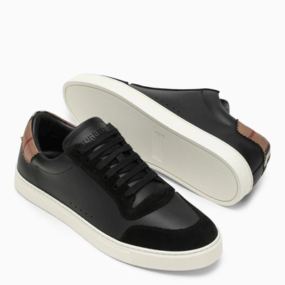 Shop Burberry Black Leather Trainer With Check Pattern Men