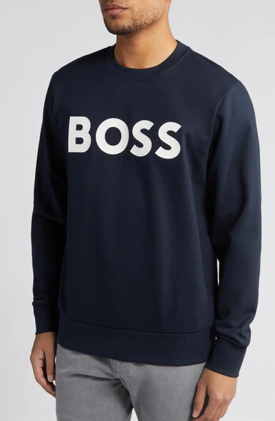 Shop Hugo Boss Soleri Logo Cotton Sweatshirt In Dark Blue