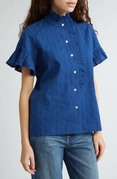 Shop Mille Vanessa Ruffle Detail Cotton Blouse In Indigo