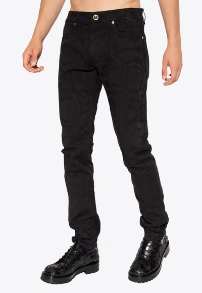 Shop Versace Barocco Jacquard Slim Jeans In Black