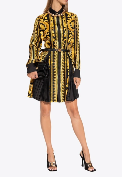Shop Versace Barocco Mini Shirt Dress In Silk In Multicolor
