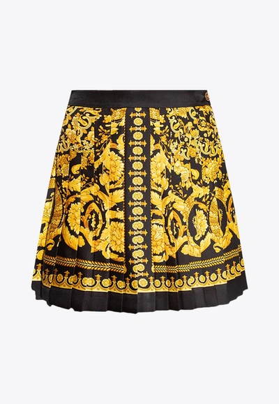 Shop Versace Barocco Pleated Silk Mini Skirt In Multicolor