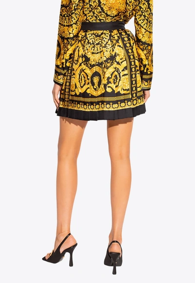 Shop Versace Barocco Pleated Silk Mini Skirt In Multicolor