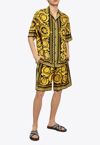 Shop Versace Barocco Silk Shorts In Yellow