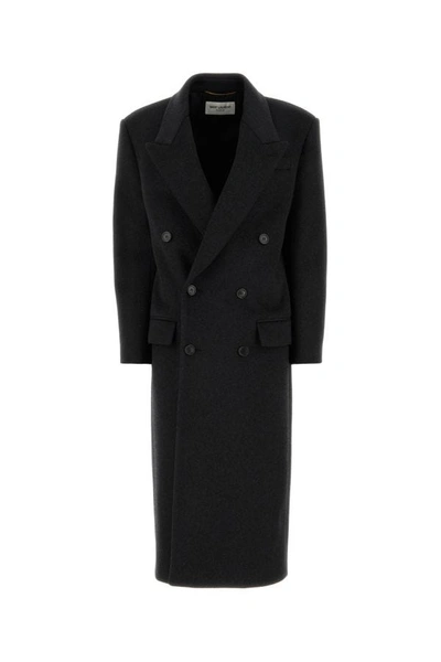 Shop Saint Laurent Woman Charcoal Wool Long Coat In Gray