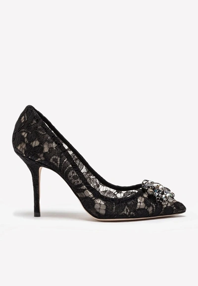 Shop Dolce & Gabbana Bellucci 60 Crystal-embellished Lace Pumps In Black