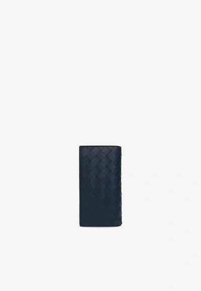 Shop Bottega Veneta Bi-fold Slim Intrecciato Leather Long Wallet In Deep Blue