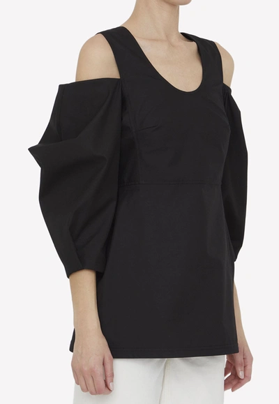 Jil Sander Gathered Cold-shoulder Top With Puff Sleeves In Black