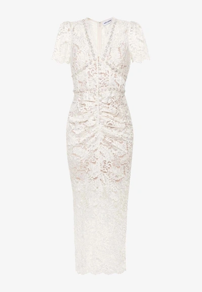 Shop Self-portrait Cord Lace Embellished Midi Dress In Cream
