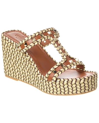 Shop Valentino Rockstud 90 Leather Wedge Sandal In Gold