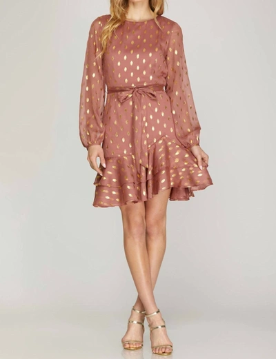 Shop She + Sky Gold-dot Chiffon Dress With Ruffled Hem In Dusty Rose In Pink