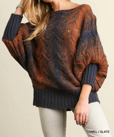 Shop Umgee Puff Sleeve Chunky Knit Sweater In Camel And Slate In Brown