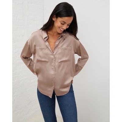 Shop Upwest Crinkle Satin Button-down In Beige