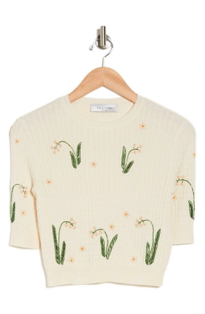 Shop Valentino Beaded Short Sleeve Crop Sweater In Avorio