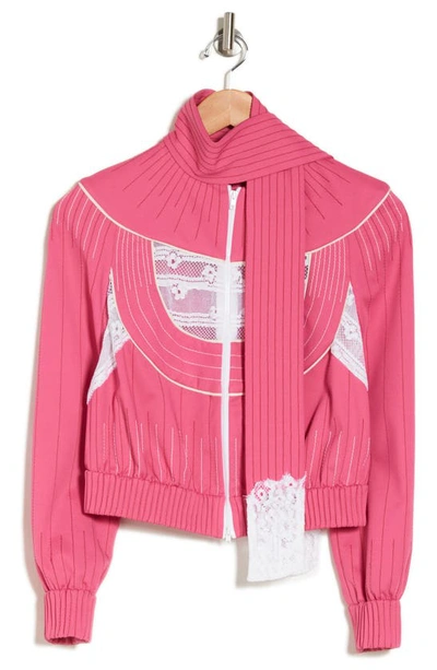 Shop Valentino Lace Detail Scarf Collar Bomber Jacket In Shadow Pink/ Bianco