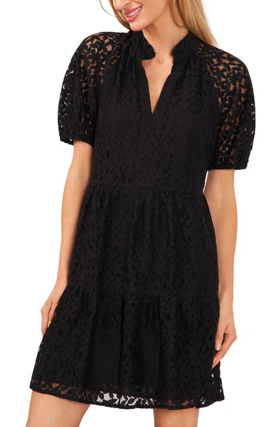 Cece Puff Sleeve Babydoll Lace Minidress In Rich Black