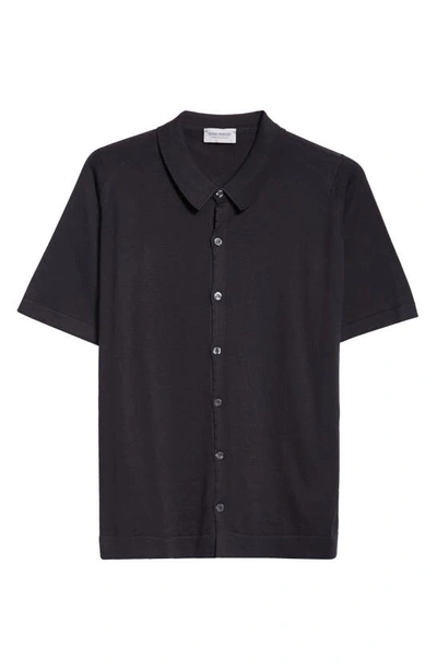 Shop John Smedley Folke Knit Short Sleeve Cotton Button-up Shirt In Black