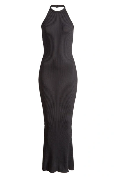 Shop Good American Shine Ribbed Halter Maxi Dress In Black001