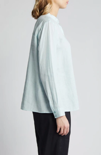Shop Eileen Fisher Mandarin Collar Organic Linen Popover Shirt In Clear Water