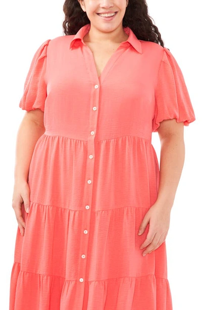 Shop Cece Puff Sleeve Tiered Maxi Shirtdress In Calypso Coral