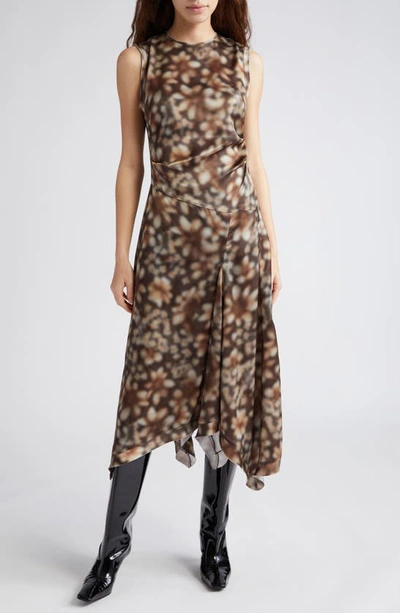 Shop Acne Studios Difella Blurred Flower Satin Midi Dress In Brown