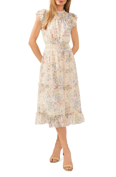 Shop Cece Floral Ruffle Midi Dress In Egret Ivory