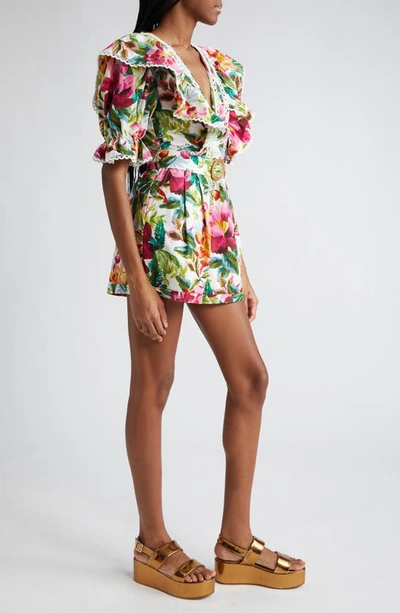 Shop Farm Rio Painted Flowers Lace Trim Belted Cotton Romper In Painted Flowers Off-