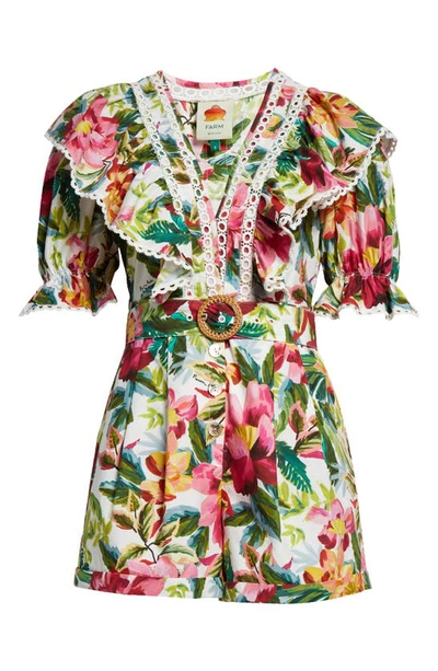 Shop Farm Rio Painted Flowers Lace Trim Belted Cotton Romper In Painted Flowers Off-