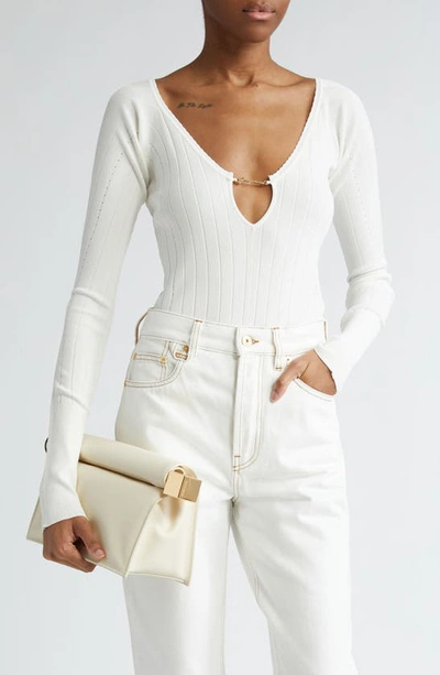 Jacquemus Matte White Ribbed Viscose T-shirt In Off-white