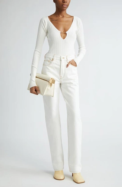 Jacquemus Matte White Ribbed Viscose T-shirt In Off-white