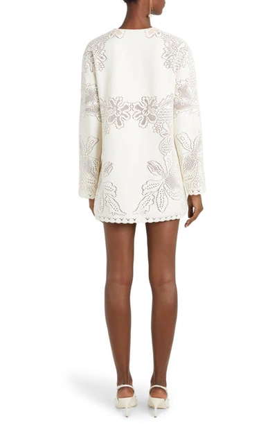Shop Valentino Floral Pointelle Detail Long Sleeve Stretch Cotton Minidress In Avorio