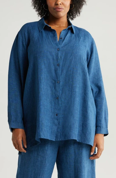 Shop Eileen Fisher Organic Linen Button-up Tunic Shirt In Atlantis