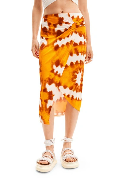 Shop Desigual Tie Dye Wrap Midi Skirt In Orange