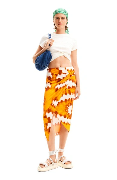 Shop Desigual Tie Dye Wrap Midi Skirt In Orange