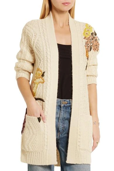 Shop Valentino Embroidered Cable-knit Wool And Alpaca-blend Cardigan