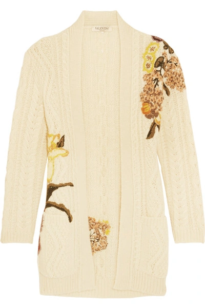 Shop Valentino Embroidered Cable-knit Wool And Alpaca-blend Cardigan