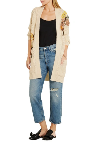 Shop Valentino Embroidered Cable-knit Wool And Alpaca-blend Cardigan