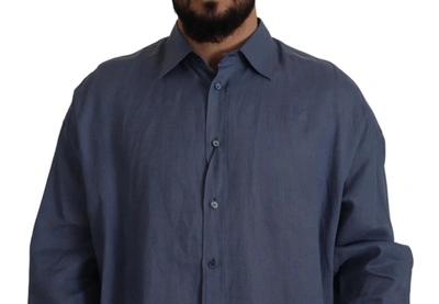 Shop Dolce & Gabbana Elegant Dark Blue Linen Dress Men's Shirt