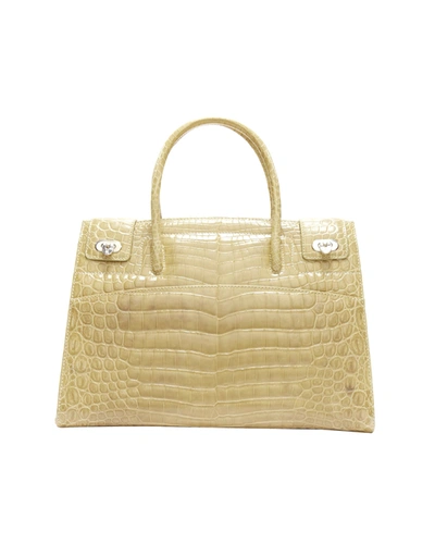 Shop Other Designers Kwanpen Beige Scaled Leather Turnlock Buckles Side Panels Tote Bag In Green