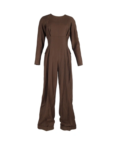 Shop Emilia Wickstead Kara Pleated Jumpsuit In Brown Wool