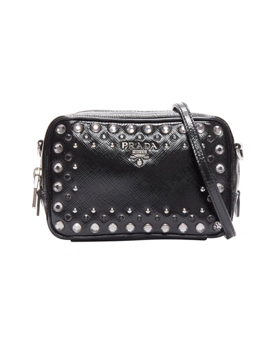 Shop Prada Crystal Silver Stud Logo Black Saffiano Leather Crossbody Camera Bag