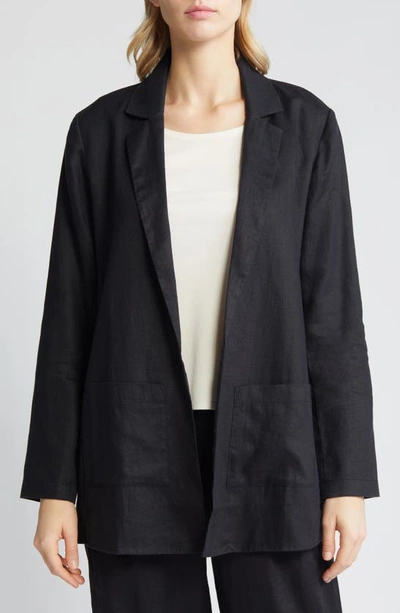 Shop Eileen Fisher Notch Lapel Longline Organic Linen Blazer In Black