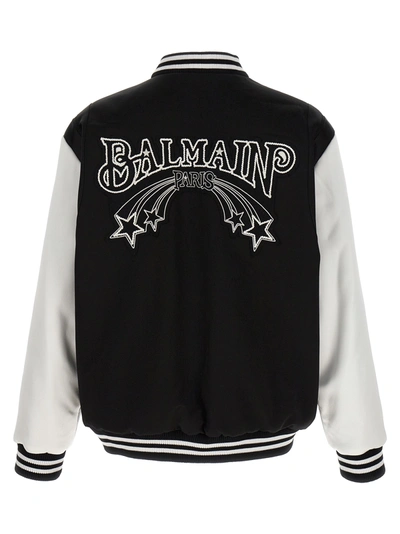 Shop Balmain Embroidered Badges Satined Varsity Casual Jackets, Parka White/black