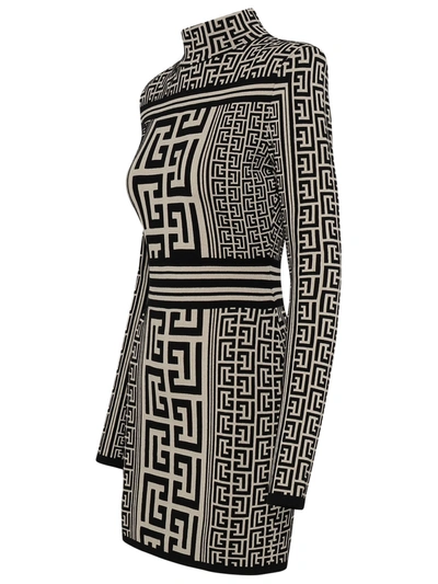 Shop Balmain Woman Monogram Two-tone Wool Blend Dress In Cream
