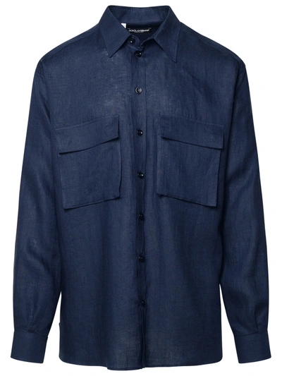 Shop Dolce & Gabbana Man  Blue Linen Shirt