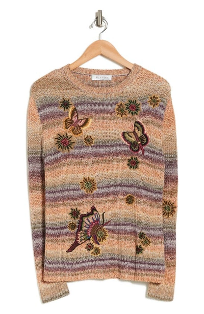 Shop Valentino Stripe Embroidered Cotton Blend Crewneck Sweater In Purple Multi