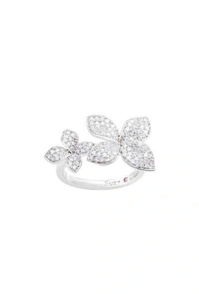 Suzy Levian Sterling Silver Cubic Zirconia Between The Finger Double Flower Ring In White
