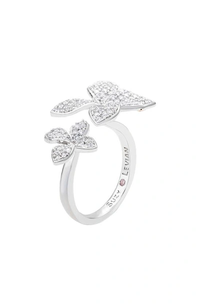 Suzy Levian Sterling Silver Cubic Zirconia Between The Finger Double Flower Ring In White
